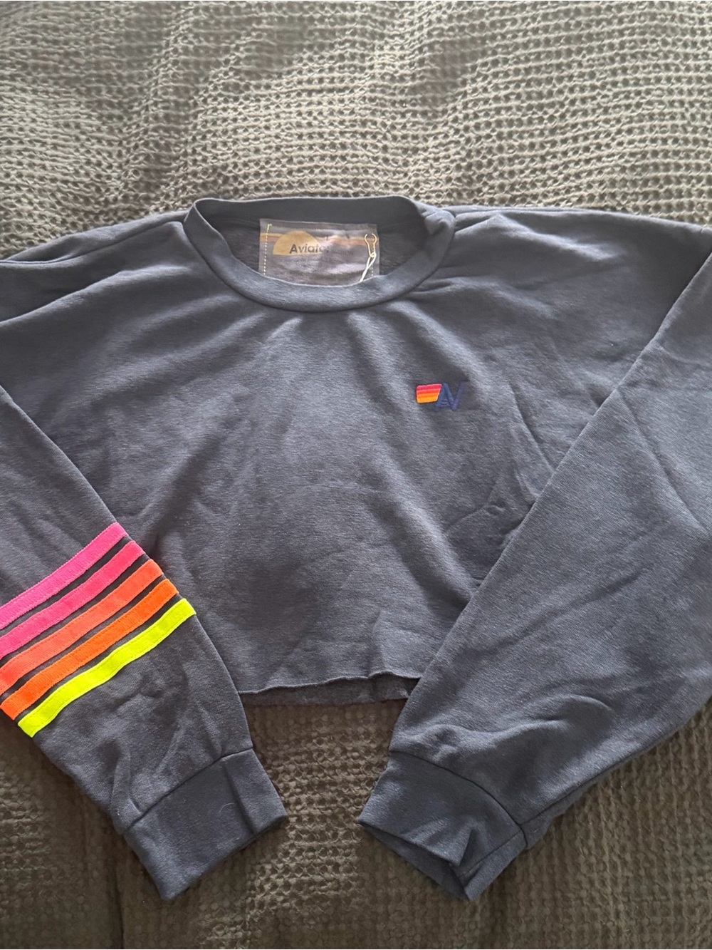 Aviator Nation Navy Cropped Crewneck with Neon Stripe Sleeve